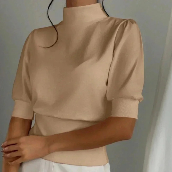 Apricot Women's Color Stand Collar Waist Cinched Bubble Sleeve Shirt - Picture 6 of 6